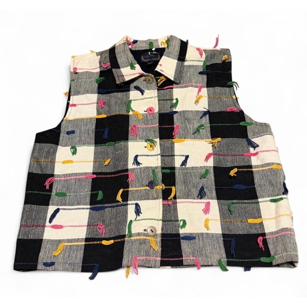 Life Style Women's XL Plaid Tasseled Button Front Vest 90s Artsy Boho